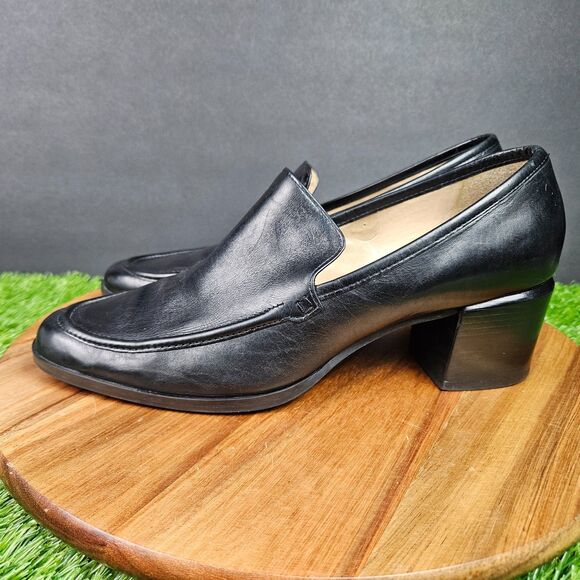 Enzo Angiolini Black Leather Loafer Pumps Size 10 M Chunky Block Heels Classic - Picture 5 of 16